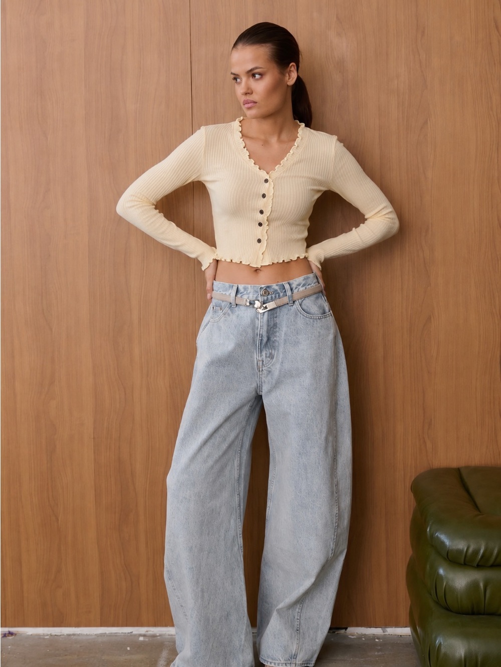 O-RI Ribbed Cropped Cardigan Ruffle Trim Button Front Knit Top XS Cream Yellow